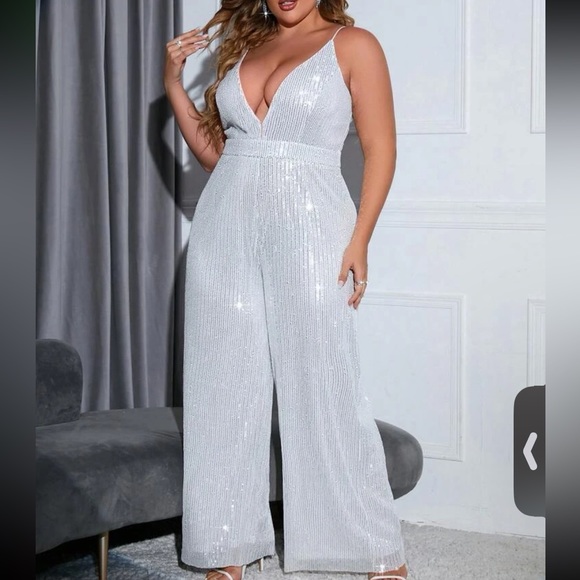 Plus Size Plunging Neck Sequin Cami Jumpsuit - Picture 1 of 9
